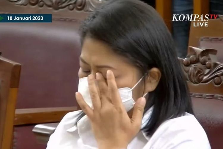 Screen grab of Putri Candrawathi, one of the five defendants in the premeditated murder case of Nofriansyah Yosua Hutabarat, or known as Brigadier J, during a trial at the South Jakarta District Court on Wednesday, January 18, 2023. 