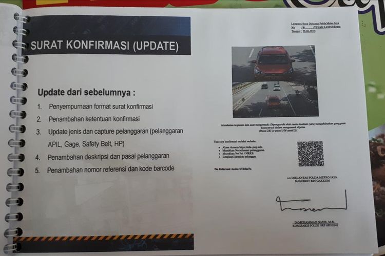 Surat konfirmasi pelanggaran sistem tilang elektronik atau electronic traffic law enforcement (ETLE) telah dilengkapi kode barcode. 