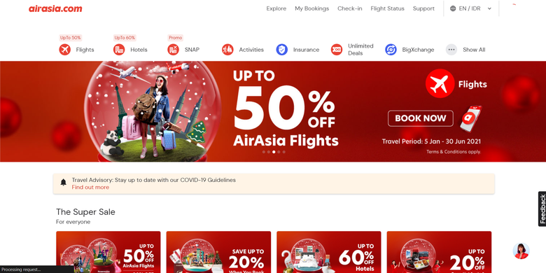Tangkapan layar situs AirAsia yang menjual paket bundling SNAP dari AirAsia yang bekerja sama dengan PHRI untuk menawarkan harga tiket pesawat dan hotel yang menarik, Rabu (16/12/2020).