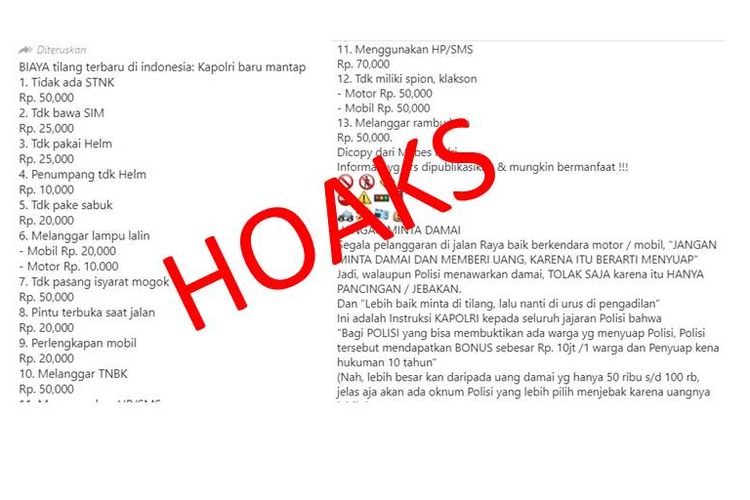 Hoaks mengenai biaya denda tilang yang mengatasnamakan Kapolri di aplikasi pesan WhatsApp dan media sosial pada Selasa (27/8/2019).