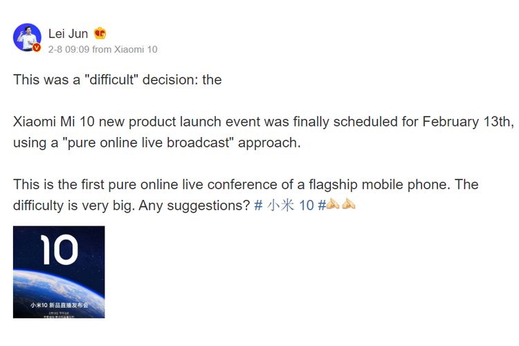 Pernyataan CEO Xiaomi, Lei Jun, di Weibo soal tanggal pekuncuran Mi 10.