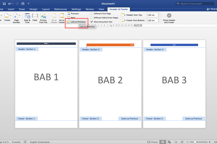 Ilustrasi cara membuat header berbeda tiap bab di Word.