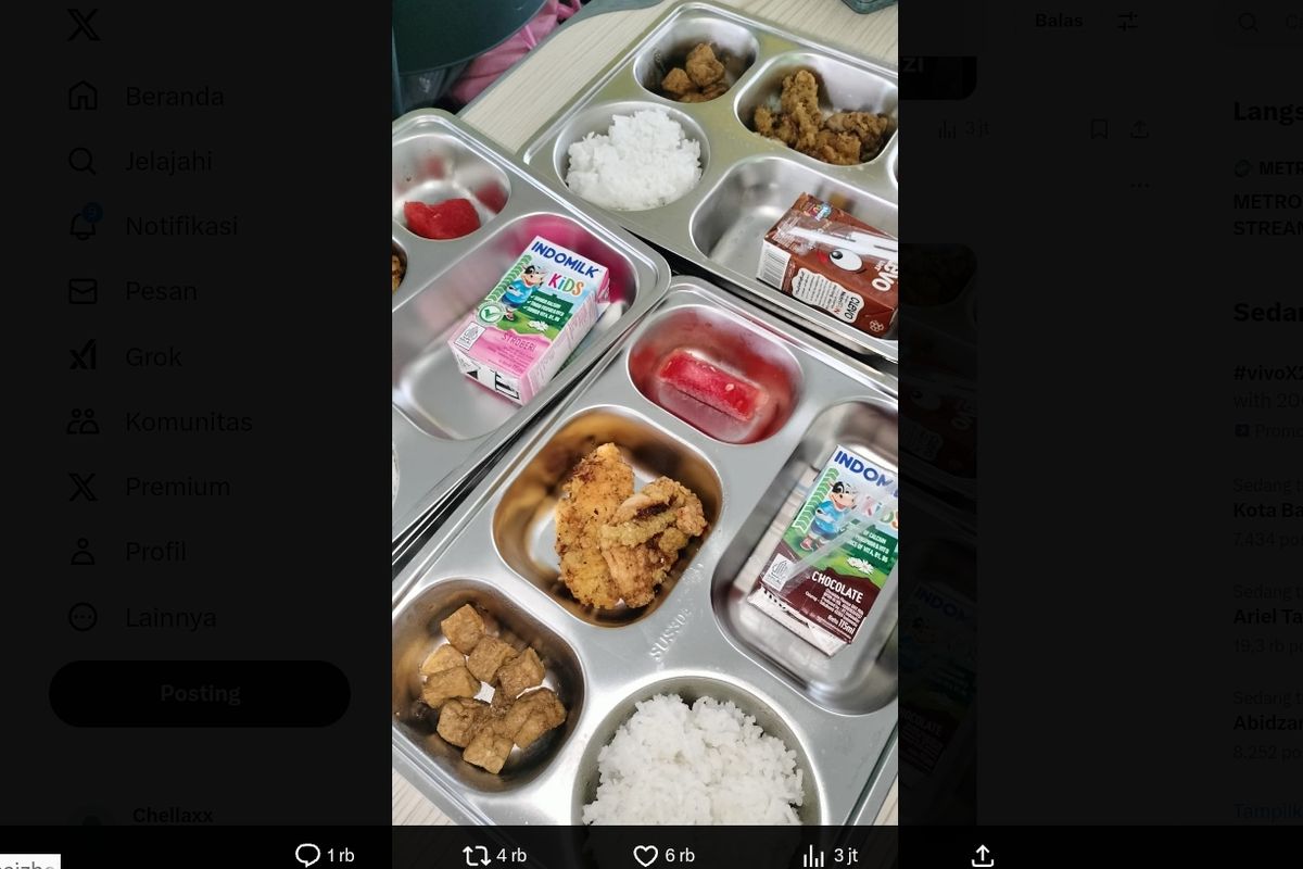 Tangkapan layar menu makan bergizi gratis di salah satu sekolah, terdiri dari ayam goreng, tahu goreng, nasi, buah, dan susu.