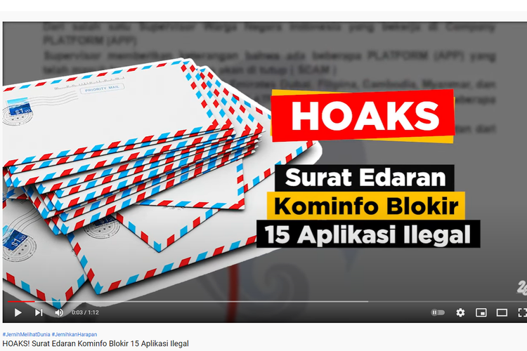 Hoaks! Surat edaran mencatut Kominfo soal pemblokiran 15 aplikasi ilegal.