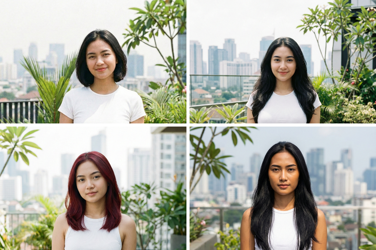 Foto-foto wajah orang buatan Gemini yang dijadikan bahan untuk menguji kemampuan penggabungan gambar.