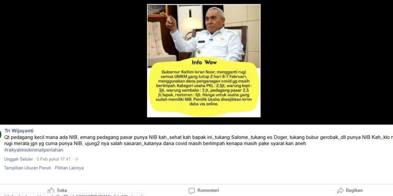 Tnagkapan layar unggahan Facebook soal ganti rugi dari Gubernur Kaltim untuk UMKM akibat tidak bisa berdagang di Sabtu dan Minggu (6-7/2/2021)