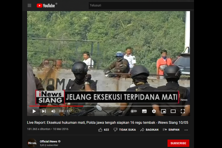 Tangkapan layar kanal YouTube Official iNews, 10 Mei 2016, tentang persiapan eksekusi terpidana hukuman mati oleh Polda Jawa Tengah.