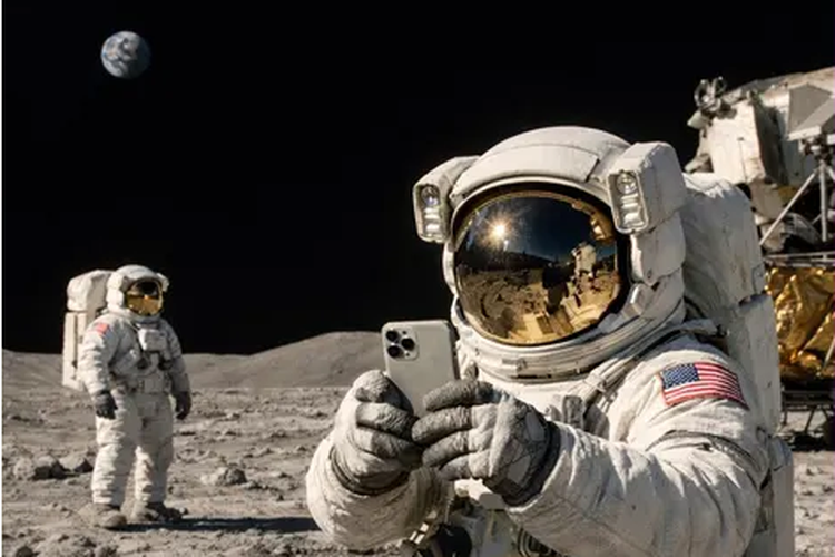 Ilustrasi astronot bawa iPhone ke Bulan.