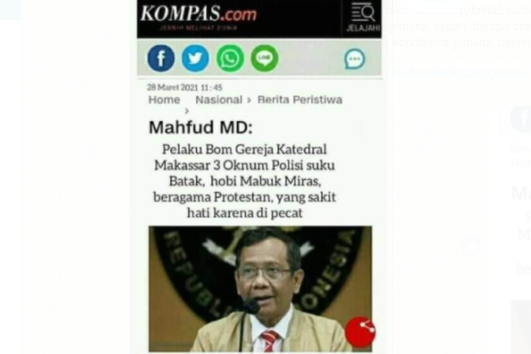 Tangkapan layar artikel hoaks berjudul Mahfud MD: Pelaku Bom Gereja Katedral Makassar 3 Oknum Polisi suku Batak, hobi Mabuk Miras, beragama Protestan, yang sakit hati karena di pecat.