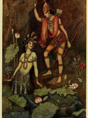 Ilustrasi pertemuan Ulupi dan Arjuna, karya Warwick Goble dalam buku Indian Myth and Legends (1913).