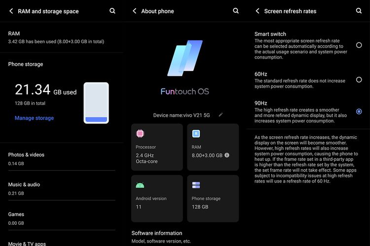 Saat pertama kali digunakan, Vivo V21 5G masih menyisakan ruang kosong sebesar lebih dari 100 GB di media internalnya (kiri). Layar kini mampu mendukung refresh rate hingga 90 Hz (kanan).

