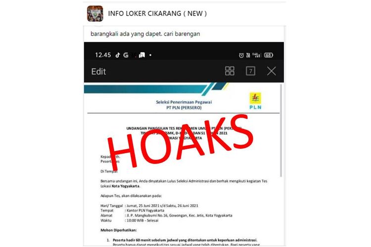 Tangkapan layar hoaks undangan panggilan tes PLN Juni