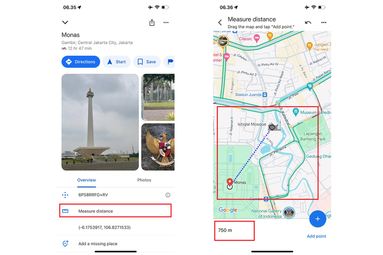 Ilustrasi cara mengukur jarak di Google Maps di HP.