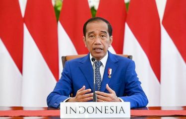 Presiden Joko Widodo saat menyampaikan pidatonya secara virtual pada High-level Dialogue on Global Development dari Istana Merdeka, Jakarta, pada Jumat (24/6/2022).
