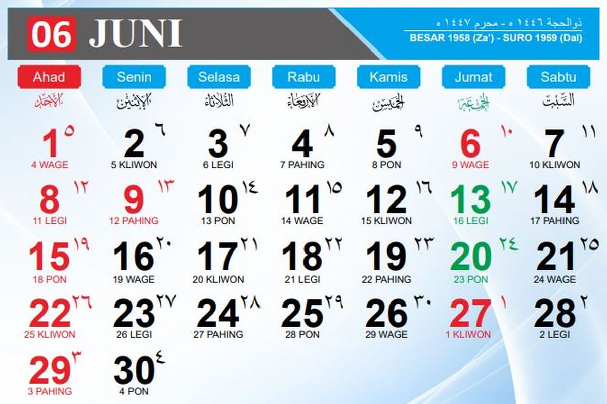 Kalender Juni 2025 yang memuat 30 hari memiliki beberapa tanggal merah libur nasional dan cuti bersama, serta potensi long weekend. Simak jadwalnya.