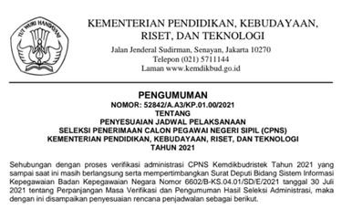 Tangkapan layar pengumuman dari Kemendikbud Ristek mengenai penyesuaian jadwal pelaksanaan seleksi CPNS 2021.