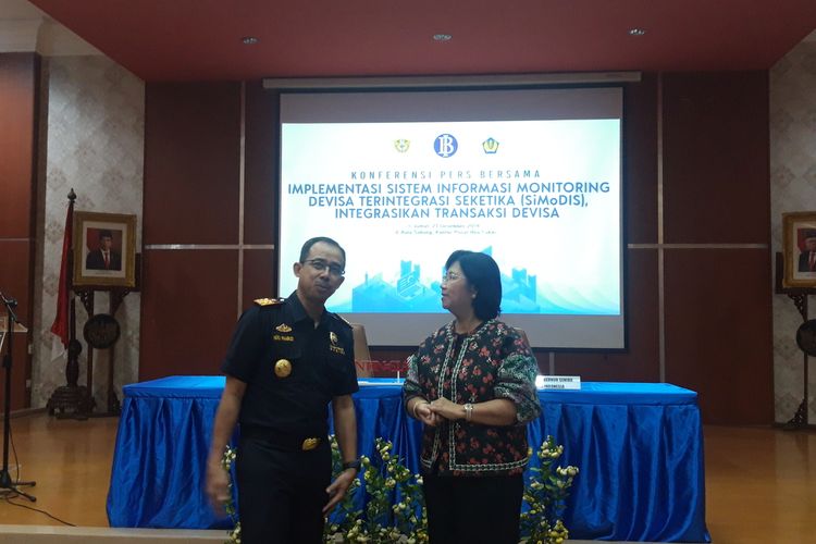 Direktur Jenderal Bea dan Cukai Heru Pambudi dan Deputi Gubernur Senior Bank Indonesia Destry Damayanti di Jakarta, Jumat (27/12/2019).