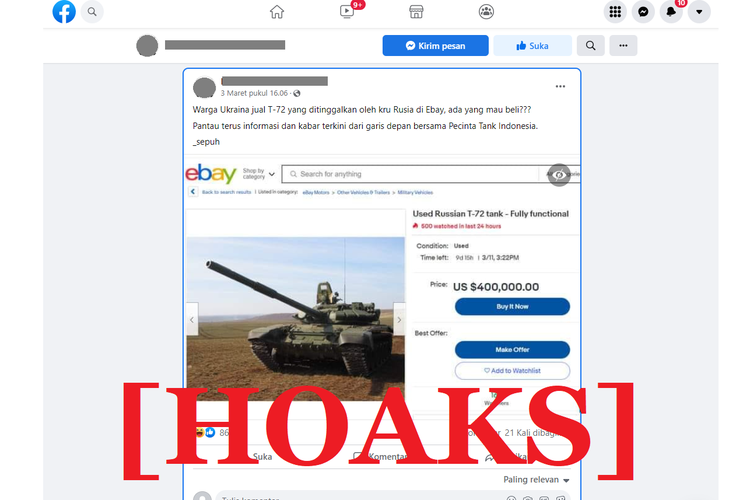 Tangkapan layar unggahan hoaks di sebuah akun Facebook, yang menyebut bahwa warga Ukraina menjual tank bekas milik Rusia di situs jual-beli online.