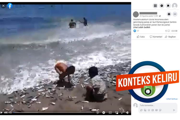 Tangkapan layar unggahan dengan konteks keliru di sebuah akun Facebook, 20 Agustus 2023, soal video ribuan ikan di bibir Pantai Santolo, Garut, Jawa Barat.