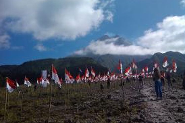 1.000 bendera merah putih berkibat di bunker Kaliadem, lereng Merapi, Yogyakarta, Minggu (17/8/2014).