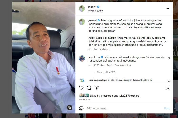Unggahan Presiden Joko Widodo soal laporan jalan rusak langsung ramai diserbu warganet yang mengeluhkan kondisi di jalan sekitarnya.