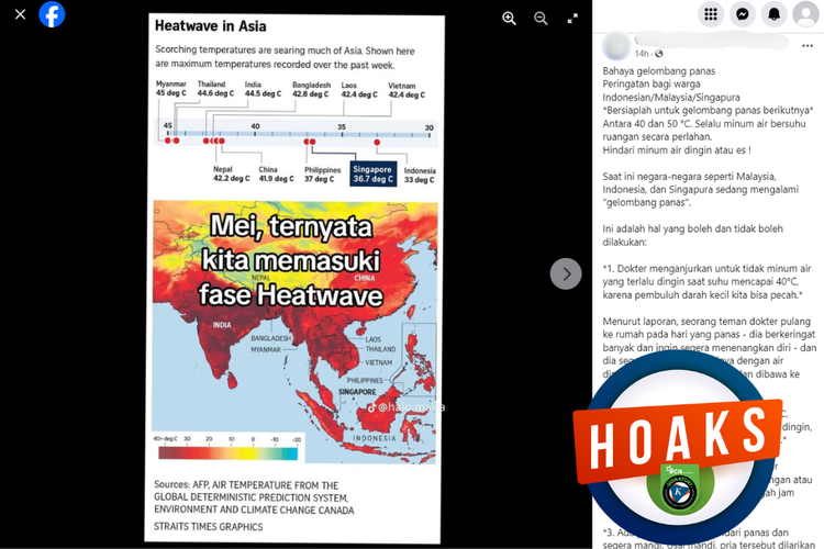 Tangkapan layar konten hoaks di sebuah akun Facebook, Minggu (12/5/2024), mengenai peringatan gelombang panas yang melanda Indonesia.
