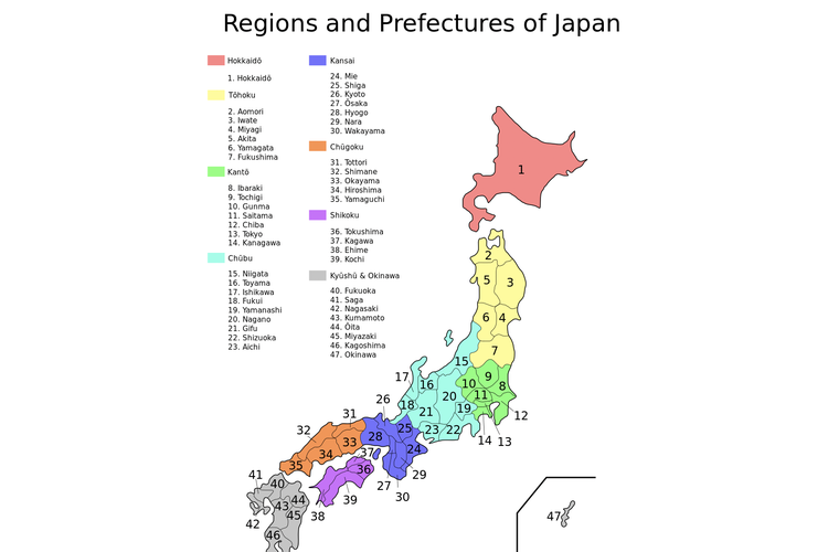 Ilustrasi peta wilayah prefektur di Jepang.
