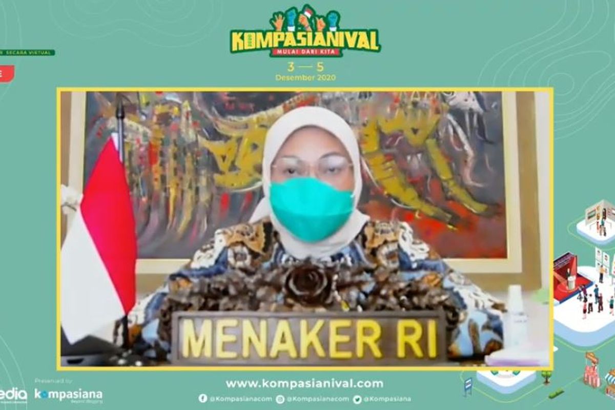 Menteri Ketenagakerjaan RI Ida Fauziyah ketika mengisi acara Kompasianival 2020 secara virtual pada Jumat (4/12/2020)