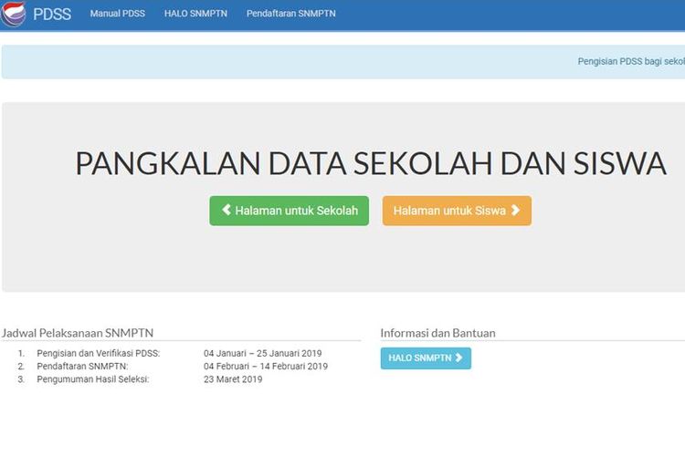 Tangkapan layar halaman utama situs resmi Pangkalan Data Sekolah dan Siswa (PDSS)