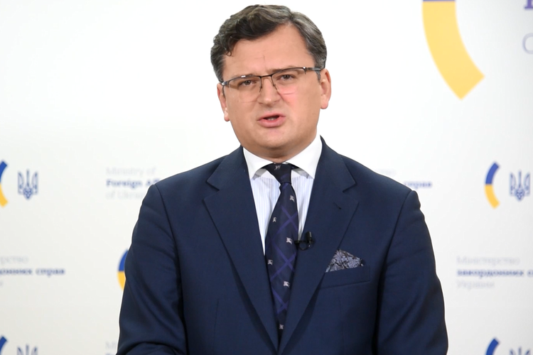 Menteri Luar Negeri Ukraina Dmytro Kuleba dalam konferensi pers virtual dengan media-media asing, yang turut dihadiri Kompas.com, Senin (29/11/2021).