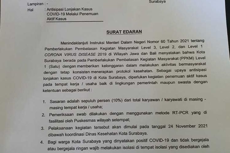 Surat Edaran Wali Kota Surabaya Eri Cahyadi tentang antisipasi lonjakan kasus Covid-19 melalui penemuan kasus aktif.