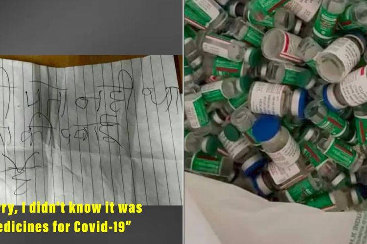 Seorang pencuri di India dilaporkan mencuri tas yang ternyata berisi dosis vaksin Covid-19 (foto kanan). Foto kiri, si pencuri menuliskan permintaan maaf dan mengembalikan tas itu setelah tahu apa isinya.
