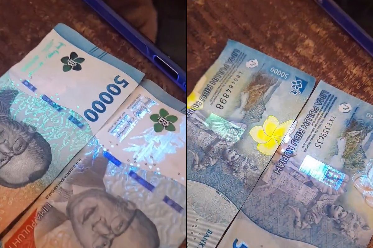 Tangkap layar video uang palsu UIN Alauddin Makassar yang bersinar saat disinari ultraviolet sehingga tampak mirip uang rupiah asli. Uang Palsu dari UIN Makassar Disebut Bisa Disetorkan ke Bank.