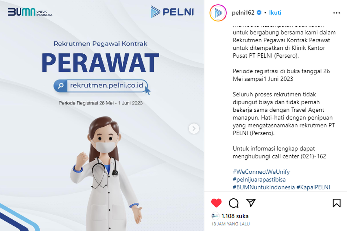 Tangkapan layar unggahan soal rekrutmen perawat di BUMN PT Pelni.
