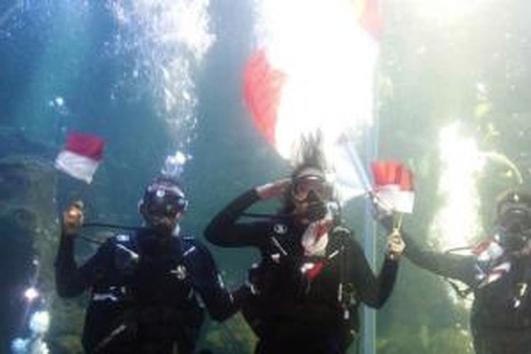 Chua 'Kotak' dan para penyelam profesional mengibarkan bendera merah putih di dalam akuarium besar SeaWorld, Ancol, Jakarta Utara, Senin (17/8/2015). 