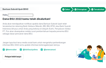 Tangkapan layar laman siapkerja.kemnaker.go.id yang menampilkan notifikasi penyaluran dana BSU 2022.