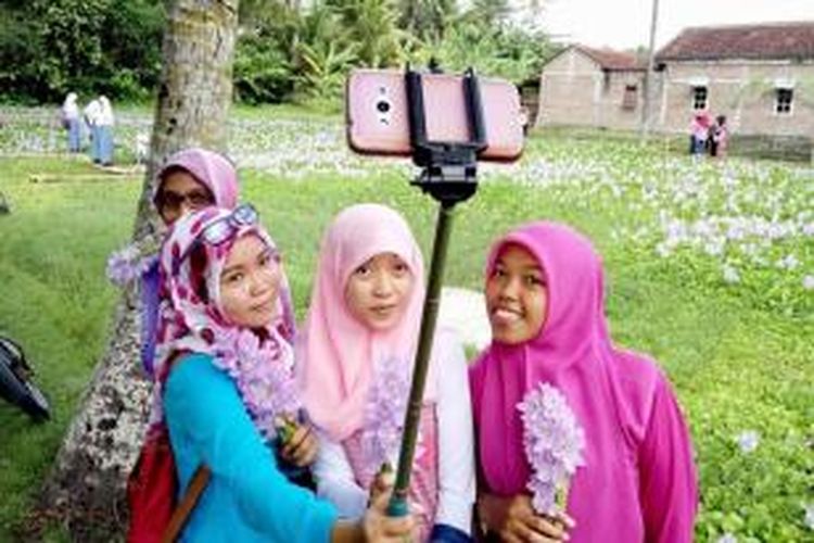 Para remaja selfie menggunakan tongsis dengan latar belakang hamparan bunga eceng gondok di Karangasem, Palbapang, Kabupaten Bantul, Selasa (15/12/2015).