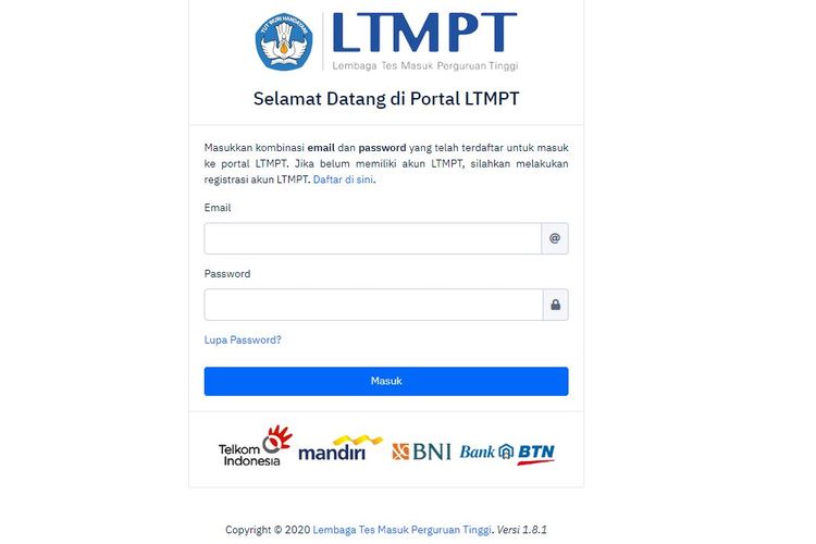 Tampilan halaman resmi LTMPT