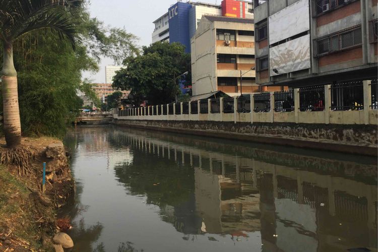 Bantaran anak Kali Ciliwung yang tepat berada di belakang Gedung Lindeteves Trade Centre (LTC) Glodok, Jakarta Barat, terlihat masih dalam kondisi bersih. Jika membuka sejumlah artikel Kompas.com medio 2016, aliran kali tampak jernih dan tidak berbau. Bahkan, anak-anak sering mandi dan menjadikan kali ini seperti kolam renang, Rabu (25/7/2018).