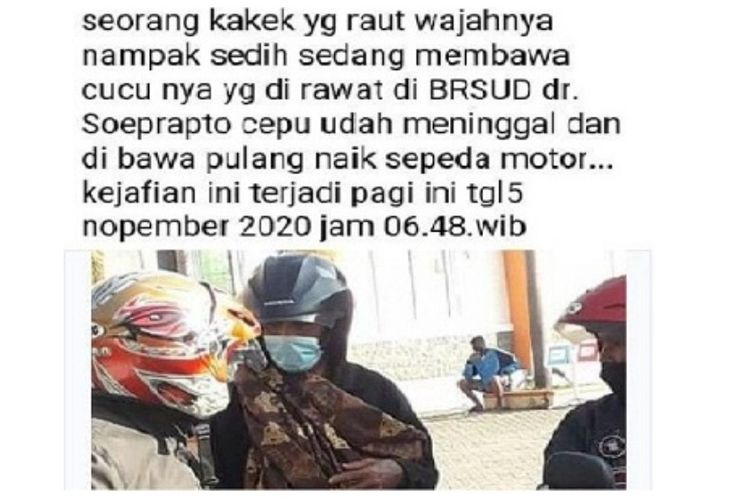 Postingan akun Facebook Sugiyanto tentang seorang kakek gendong jasad cucunya pakai kain jarik, viral. Postingan ini kemudian dihapus. 