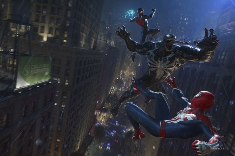 Ilustrasi Spider-Man 2 Peter Parker dan Miles Morales bertarung melawan Venom.