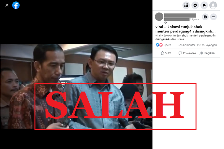 Tangkapan layar unggahan hoaks di sebuah akun Facebook, Kamis (14/7/2022), yang mengeklaim bahwa Jokowi menunjuk Ahok sebagai mendag.