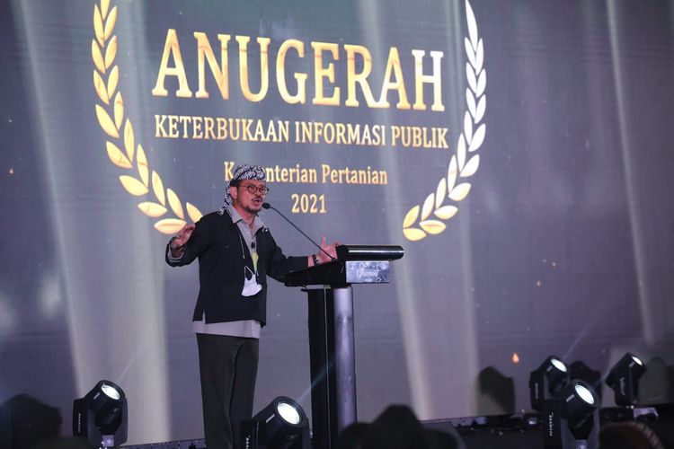 Menteri Pertanian (Mentan) Syahrul Yasin Limpo dalam acara Anugerah Keterbukaan Informasi Publik (KIP) 2021, di Jakarta, Senin, (11/10/2021).
