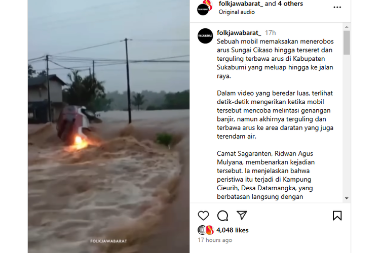 Mobil nekat terobos banjir akibat luapan arus Sungai Cikaso di Sukabumi, hingga terseret dan terguling.