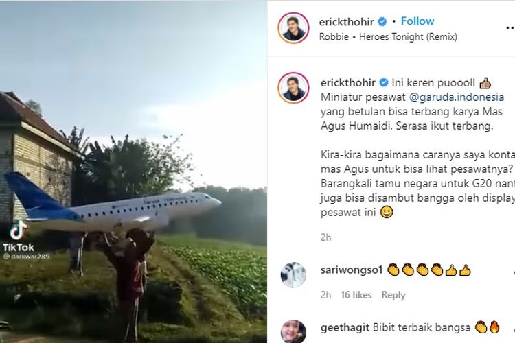 Menteri BUMN Erick Thohir sedang mencari Agus Humaidi, seorang warga yang videonya viral sedang menerbangkan miniatur pesawat Garuda di sebuah perkebunan sayur.