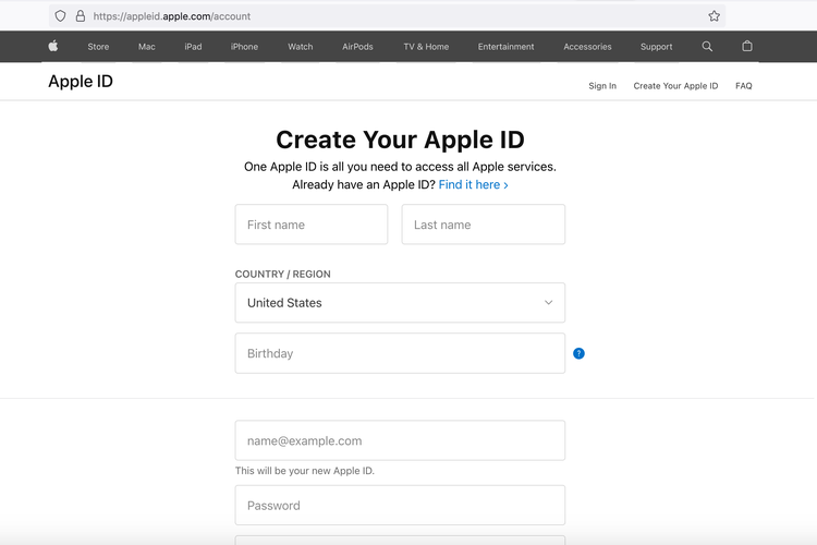 Ilustrasi cara membuat Apple ID di laptop dengan mengakses website apple.com.