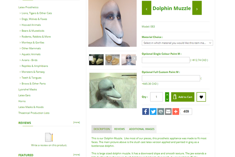 Tangkapan layar laman norhfur.ca, pembuat riasan wajah terbuat dari lateks dengan karakter lumba-lumba.