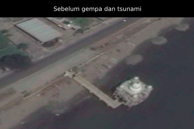 Masjid Arkham Babu Rahman atau Masjid Terapung di Pantai Talise,  Palu, Sulawesi Tengah, dilihat dari atas melalui Google Earth.