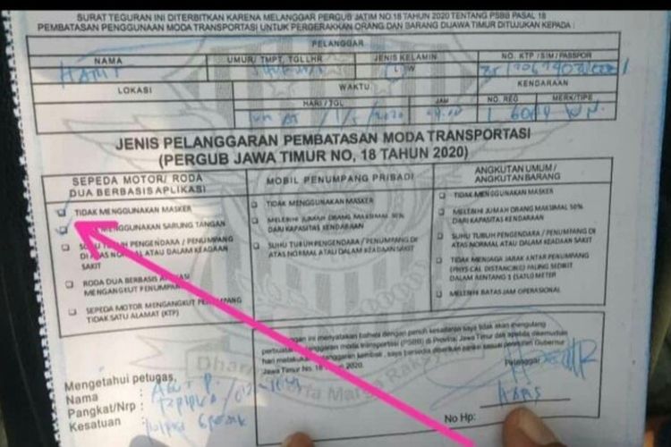 Tangkapan surat tilang dengan pelanggaran tidak memakai masker