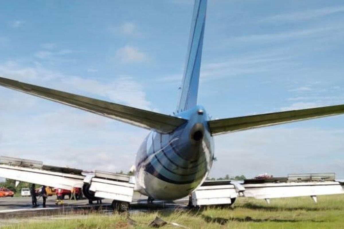 A file photo of a Trigana Air cargo plane skids off in Sentani Airport in Jayapura, Papua dated February 25, 2020. 